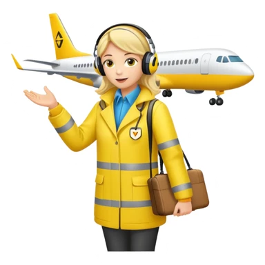 ramp agent at airport wearing bright yellow coat and headphones, directing aircraft sticker