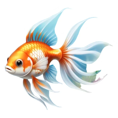 Large aquarium fish like veil tails and lionhead goldfish swimming gracefully in a beautifully decorated aquarium. Colorful aquatic plants, smooth rocks, and gentle bubbles surround the fish. The water shimmers in sunlight, creating a peaceful and vibrant underwater scene. Transparent background. sticker
