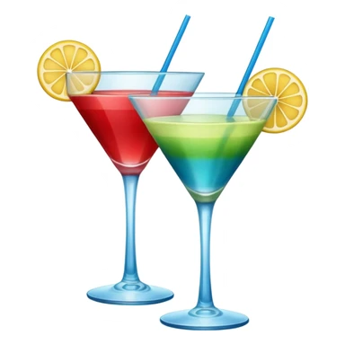 Create two emoji of clear red blended yellow cocktail, cheers with blue blended green cocktail, without any fruit, without skewers, without tube sticker