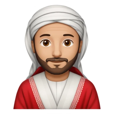 detailed iPhone-style emoji of a Saudi man with round cartoon face, short beard, brown eyes, gentle smile, wearing white thobe, red-and-white shemagh, black agal, both hands gently crossed over chest sticker