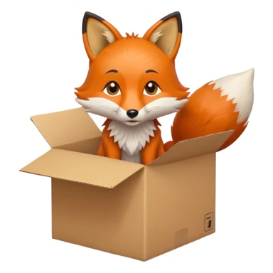 fox sitting upright in a cardboard box with a playful face sticker