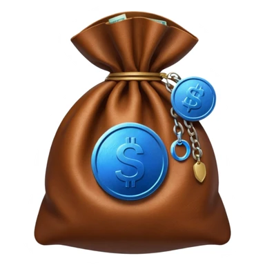 brown money bag with a blue coin  sticker