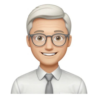 30 yr old pale white man, white/grey side swept stylish hair, round glasses, big smile, white teeth, handsome, longer hair, thin glasses, white dress shirt, smooth forhead sticker