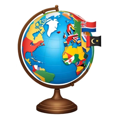 An icon featuring a globe with location pins, open maps, and landmarks from different countries, symbolizing area studies. The design includes cultural symbols, flags, and geographic features to represent diverse regions. Transparent background. sticker