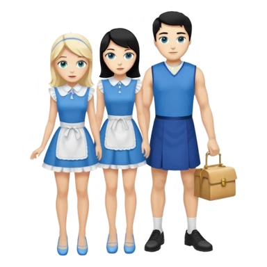 King, black hair, body, legst, blue eyes, blue garmont,  shoes, blonde maid, green eyes, sexy short sleveless White dress, shoes sticker