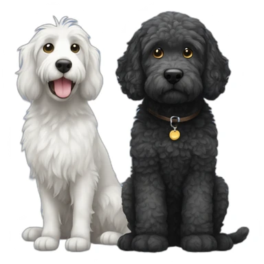 grey cat with white spots, and a black labradoodle sticker