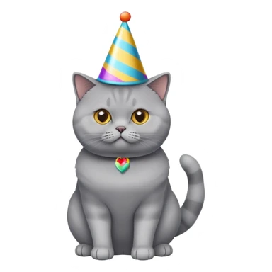 British Shorthair cat full body sitting with a party hat sticker