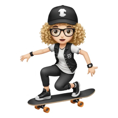 ["An excited girl with light skin, curly hair, wearing a baseball cap and square glasses, dressed in goth fashion, is skateboarding while holding a camera."] sticker
