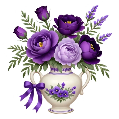 A dainty porcelain vase, hand-painted with delicate lavender pansies and deep purple roses, holds an elegant bouquet of amethyst-hued peonies, fragrant sprigs of wild lavender, and trailing silk ribbons, with a tiny heart-shaped charm dangling from its neck, swaying gently in the evening breeze.
 sticker