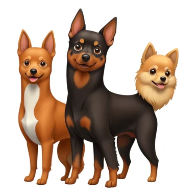 Doberman Pinscher and Pomeranian Spitz standing side by side. The Doberman has a sleek black and tan coat with alert ears, while the Pomeranian has a fluffy orange coat and a joyful expression. Beautiful natural background, with a clear blue sky and green grass. Transparent background. sticker