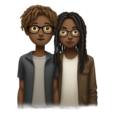 Black teenager with dreads kissing a taller white teenager with glasses , short brown hair , and a few freckles . sticker