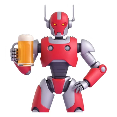 Sector from Mortal Kombat, robotic cyborg with red and silver armor, holding a beer mug, cheerful expression, vibrant colors sticker