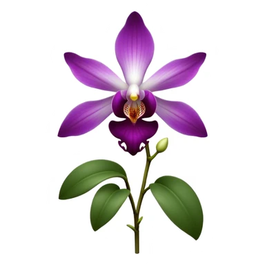Cinematic Realistic Orchid Emoji, Exotic and elegant, with intricate, velvety petals in deep purple and white, forming a delicate and symmetrical blossom. The slender green stem holds the flower high, while surrounding leaves add lush contrast. Soft glowing outline, capturing the essence of rare beauty and sophistication in a captivating orchid. sticker