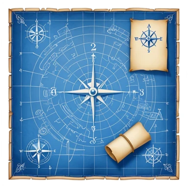 blue blueprint plan with white treasure map symbols and a path sticker