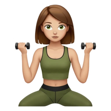 Girl with green eyes, brown hair that goes to her elbows, light skin, and freckles wearing an olive green crop top with black leggings working out, she has light gorgeous lashes sticker