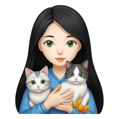 A pretty Korean woman with long black hair, white skin, holding a gray-lined green-eyed cat and a white blue-eyed blind chicken cat
 sticker
