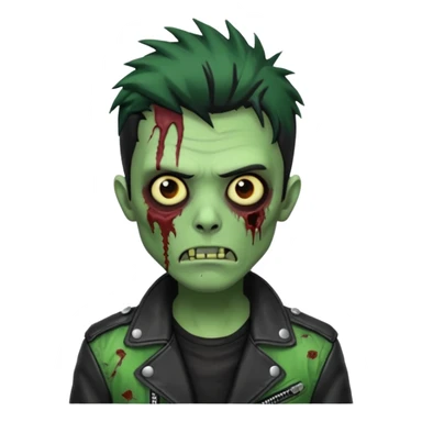 Hombre zombie de piel verde con chaqueta de cuero punk, pelo negro sticker