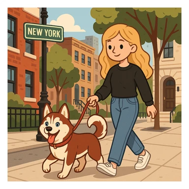 Cute Blonde woman wearing a black sweater and jeans and white sneakers walking a happy red-brown blue-eyed Siberian husky in New York City on an upper east side city sidewalk, flat toon style  sticker