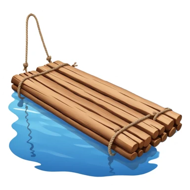 showing a simple wooden raft floating on calm blue water — made of several brown logs tied together with rope — gentle ripples around it — bright, cheerful lighting and soft shadows — minimalist, clean emoji design sticker