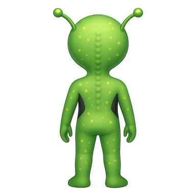 Add more details to this rear view alien in emoji style: visible antennae, subtle back ridges, small glowing spots, and a hint of feet, no background. sticker