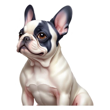 Cinematic Noble Pied French Bulldog Portrait Emoji, Radiating regal yet playful charm, with a distinctive pied fur of contrasting hues and a sculpted, expressive face featuring gentle, wise eyes and a confident stance, simplified yet artistically detailed, glowing with a soft, sophisticated radiance, high shine, exuding intelligent nobility and refined flair, soft glowing outline, capturing the essence of a noble Pied French Bulldog that embodies both strength and grace! sticker