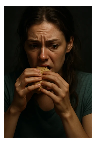 realistic and cinematic image of a woman with nervous hunger due to menstrual cycle, realistic details, clinical dramatic lighting, no text, vertical 2:3 format sticker