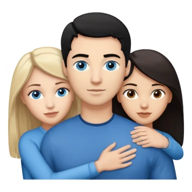 Blond woman with blue eyes on left. And a Man with black hair and grey eyecolor in the middle. And a blank woman with brown hair and grey eyes on the right. Holding each other  sticker