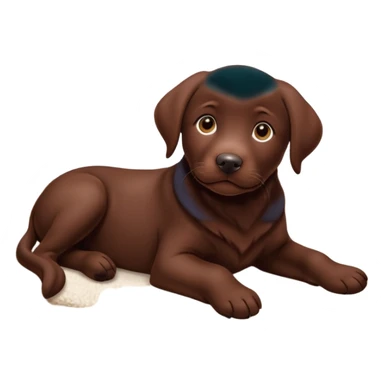 A chocolate Labrador Retriever puppy lying on a cozy carpet indoors, looking curious. Warm indoor light, realistic fur detail, shallow depth of field. sticker