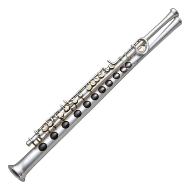Create an elegant and refined emoji representing a classical silver flute. The design should showcase the sleek, polished silver body of the flute with its keywork and tone holes clearly visible. Highlight the smooth, straight shape of the instrument with subtle light reflections on its metal surface. The keys should be delicately detailed, with their small, round pads visible. Add a slight shine to the flute’s surface to reflect its high-quality craftsmanship. Optionally, include subtle musical notes floating around the flute to evoke its light, melodic sound. The background should be transparent. sticker