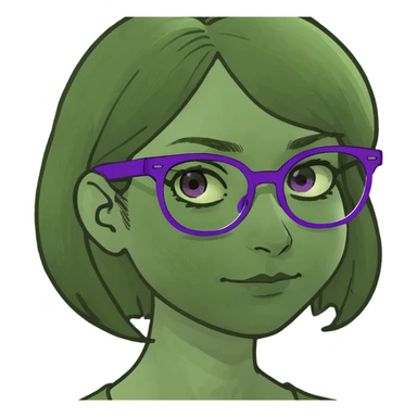 Girl, red shirt, long brown hair, green eyes, purple glasses, blue jeans, relaxed while hugging a cat sticker