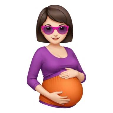 pregnant stylish woman with short pixie brunette hair happily touching her big belly while wearing fashionable clothes and colorful shades sticker