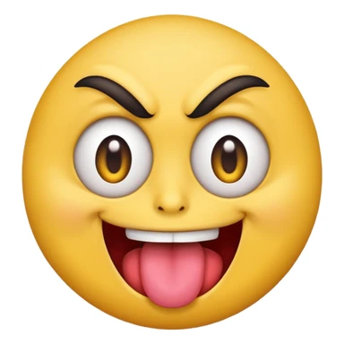 A yellow round face emoji smirking with its tounge out but the eyes are evil and kind of crazy and the eyebrows are turned in but one is raised  sticker