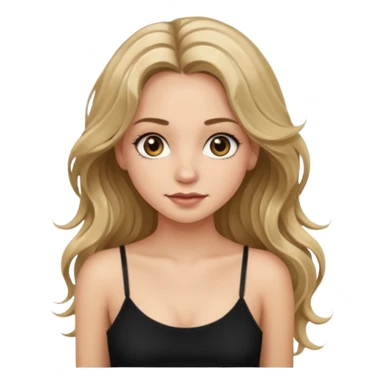 make an emoji girl with long dirty blond hair and hazel eyes. wearing a cute black spaghetti strap tank top tank top and her hair is down and slightly wavy. she also has really long eyelashes  sticker
