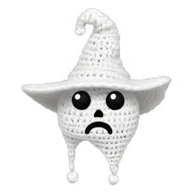 white shaped adorable crocheted ghost. it has only two black pearl shaped eyes (no mouth)  and wearing a black pointy witch hat. the hat shouldbe black only. the ghost is crocheted, made from yarn. sticker