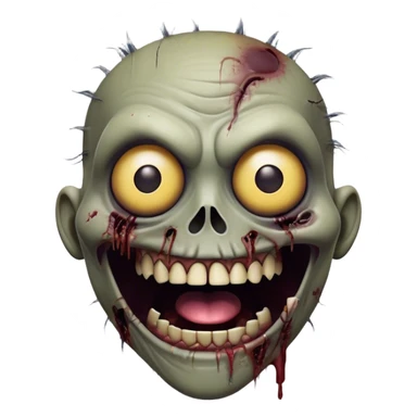 Cinematic Comical Zombie Portrait Emoji, with a grotesquely exaggerated yet playful decaying face in muted ashen tones, head cocked in a dramatically shocked expression with wildly comical, googly eyes and a gaping, silly grin revealing quirky stitches, simplified yet hilariously expressive, highly detailed with a soft eerie glowing outline capturing the absurd humor of a zombie in comic disbelief! sticker