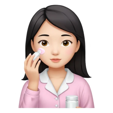 angelic asian girl doing skin care in baby pink pajamas, applying cream to her face sticker