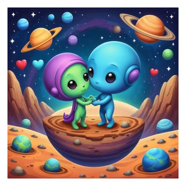 Cute cosmic scene with heart planets and small alien couples kissing and hugging on the planets, colorful solar system sticker