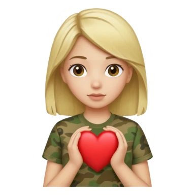 Blonde girl with olive shirt holding camo heart sticker