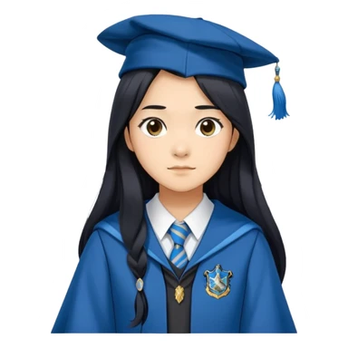 Cho Chang in harry potter, wear hogwarts Ravenclaw uniform, long black hair, not wearing hat sticker