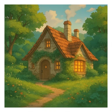 cozy cottage in a lush landscape with warm lighting in ghibli style sticker