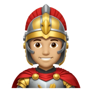 A friendly Trojan warrior mascot with a large cartoon-style head, wearing a silver helmet with a red crest and black cheek guards. confident smile. The character wears dark armor with metallic details and a bright yellow cape sticker
