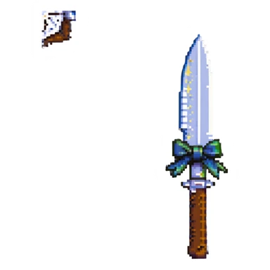 gothic knife, black and pink, with starry night motif and lace bow, pixel art style sticker