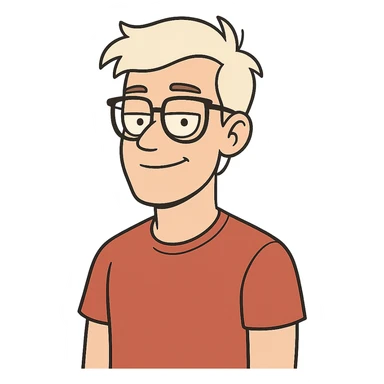 22-year-old white man with fair skin, white hair, and black glasses sticker