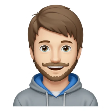 20 year old man, short scruffy beard and thin moustache, brown puffy mullet, blue eyes, big smile, white teeth, big lips, pronounced jaw, hair longer in back, sticking up on top, thin face, grey hooded sweatshirt, pale skin, big smile, blue eyes, puffy hair that is long in back, blue eyes, no bangs sticker