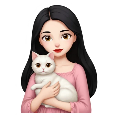 Beautiful Girl Long Hair black, Brows Big , Skin White, Dress Pale Pink , Big Red Lips, EyesCoffe , Hug Little baby Persa Cream Cat With Cute Eyes sticker