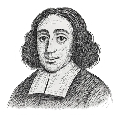Enhance the Spinoza black outline icon with much more detailed, rich hand-drawn linework and texture to resemble a true drawing rather than a simple icon. Keep the pupils even, long curly hair, and 17th-century collar intact. Maintain transparent background. sticker