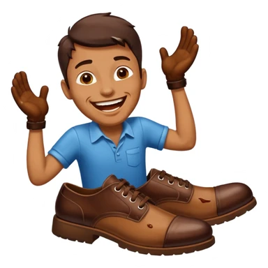 Man laughing with chocolate stain on shoe sticker