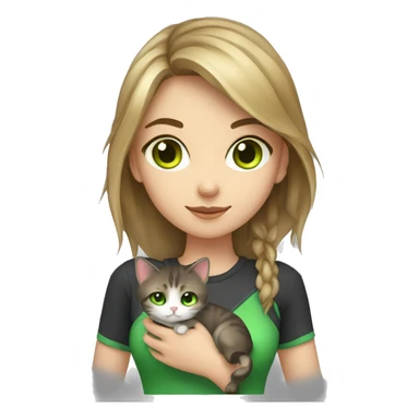 gamer girl with dark blond hair and green eyes, holding a cat tricolor sticker