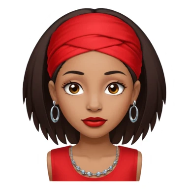 light-skinned black girl with long eyelashes with long strait dark brown hair with edges wearing a red top with no sleeves. and a red accessory on her head with nose and mouth piercings. sticker
