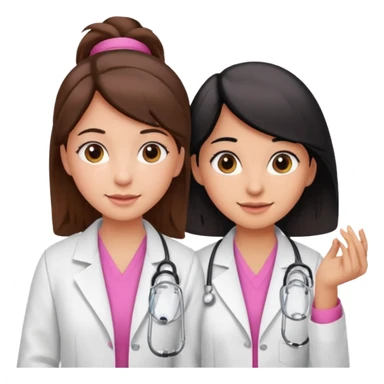 cientificas con blusa rosa y bata blanca felices, una chica con pelo marrón y otra chica un poco mas pequeña con pelo negro, deben tener la piel un poco brinceadas sticker